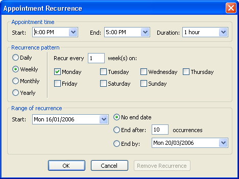 Screenshot showing the recurrence dialog box with weekly recurrence selected