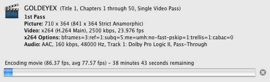 Screenshot from Handbrake showing approx 80fps encoding speed
