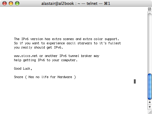 Screenshot of promised benefits of ASCII Star Wars using IPv6
