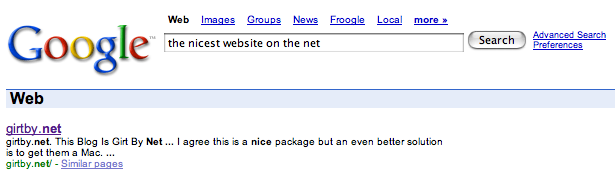 Screenshot of Google search for 'the nicest website on the net' showing girtby.net as the number one hit