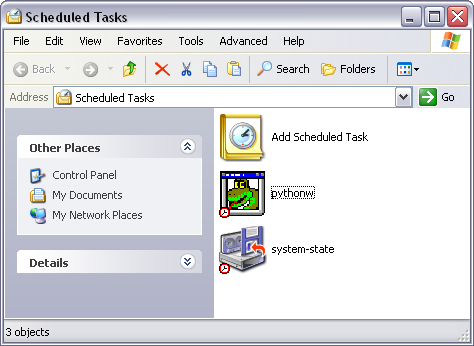 Screenshot of Windows XP Scheduled Tasks control panel